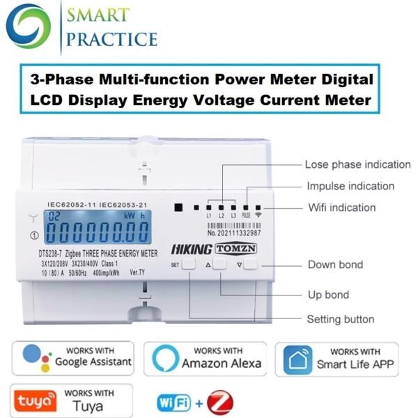 3-Phase Multi-function Power Meter Digital LCD Display Energy Voltage ...